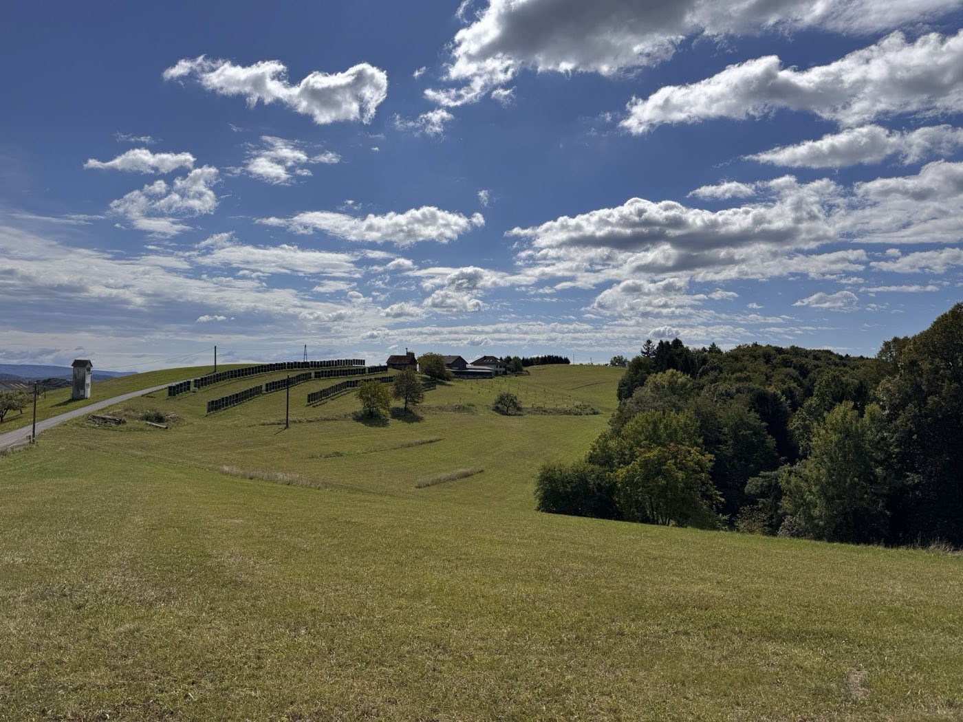 Blick aus Westen auf den Ertler Hof mit den Reihen der Agri-PV-Anlage